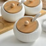 Household Kitchen Seasoning Jar Ceramic Cruet Salt Pepper Bottle Bamboo Tray Tool Storage Tank - 4