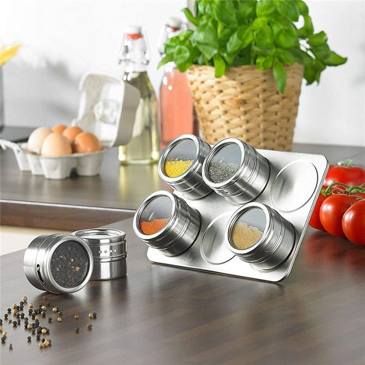 Lmetjma Stainless Steel Magnetic Spice Jars Set With Durable Rack Pepper Seasoning Shaker Storage Tins - 10