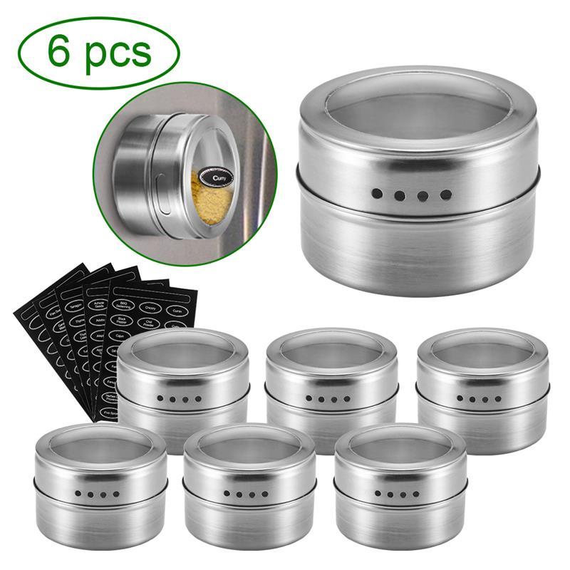 Stainless Steel Magnetic Spice Jar Set With Labels Seasoning Storage Tins Pepper Spraying Tools - 1