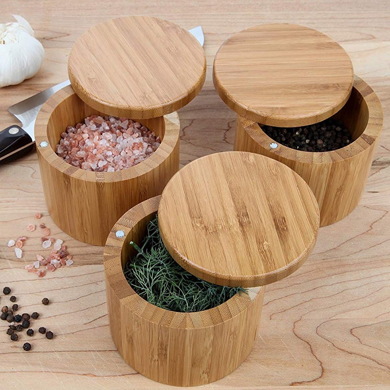 Bamboo Topround Jar Compact Salt And Spice Storage Box With Magnetic Swivel Lid - 1