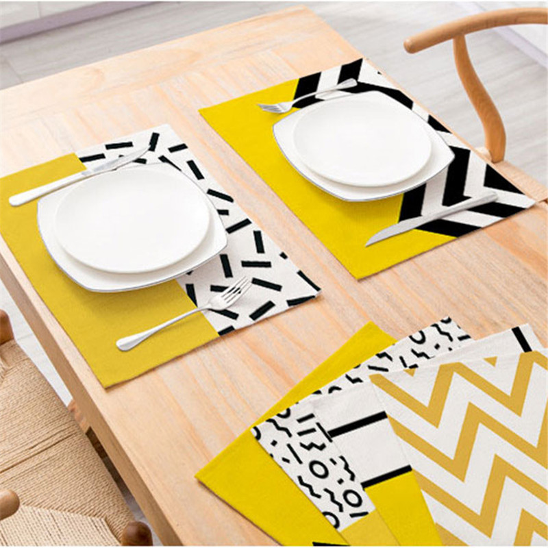 Ttlife Geometric Striped Dining Table Mat Yellow Polyester Placemat Restaurant Decor Tableware Napkin Cup Coaster - 4