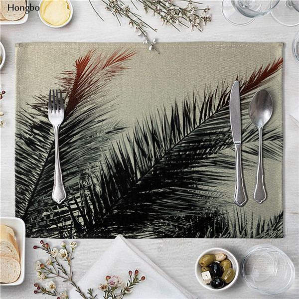 Black And White Palm Leaf Cotton Linen Placemats Insulated Table Mats For Home Kitchen Dining 40x30cm - 2