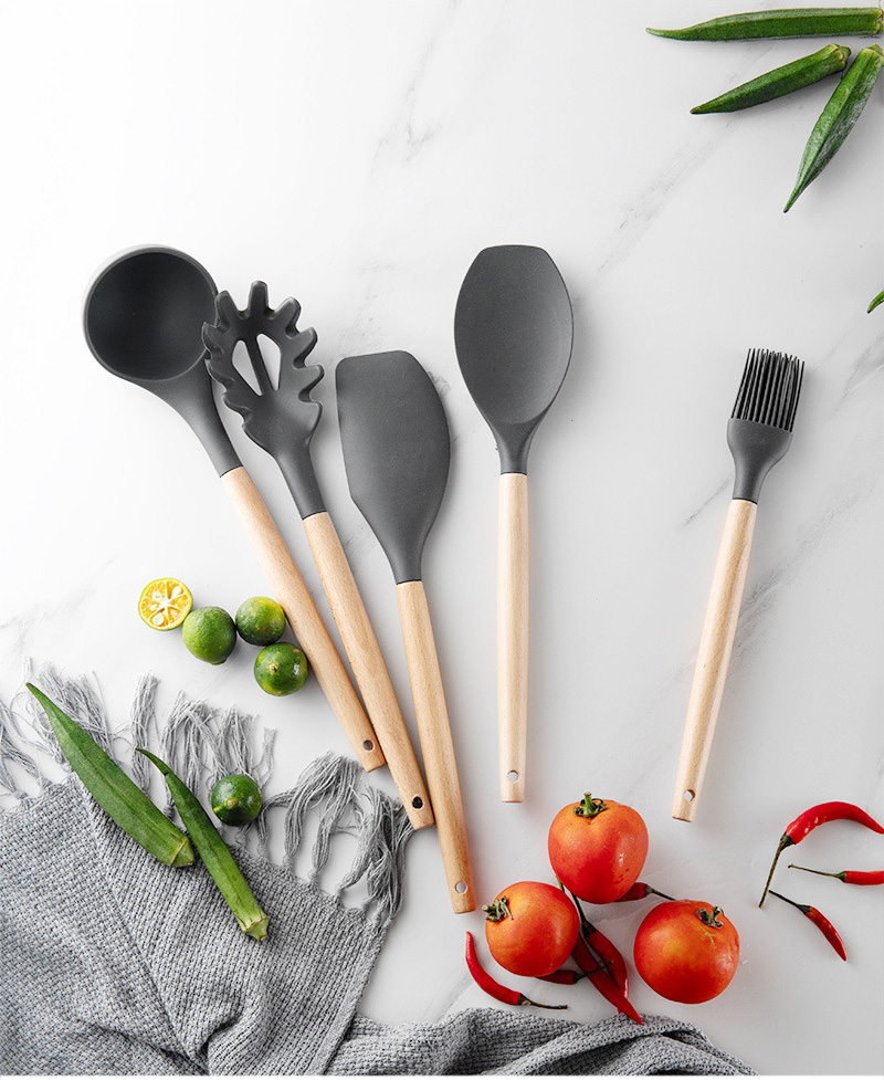 11 Piece Wooden Handle Silicone Kitchen Utensils Set Cooking Tools For Home Chefs - 3