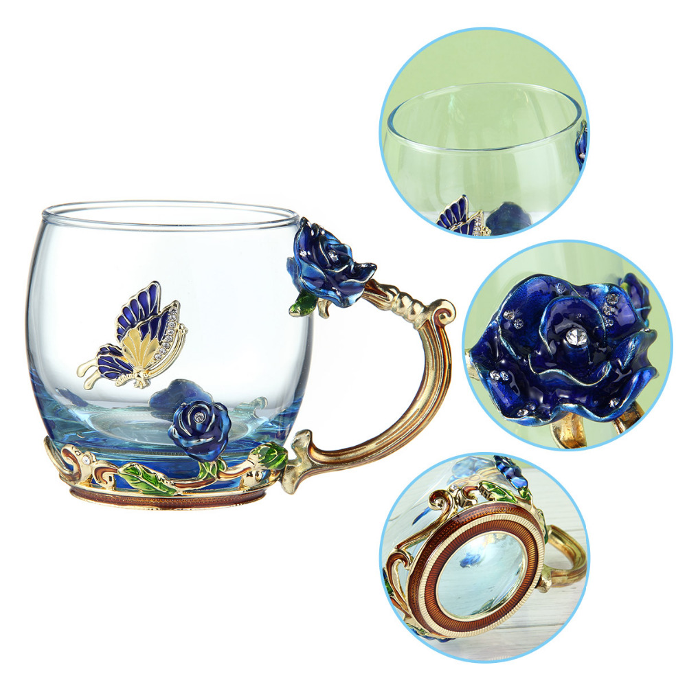 Enamel Crystal Tea Cup Set Red Blue Rose Butterfly Flower Painted Clear Glass Coffee Mug With Spoon Perfect Gift - 6