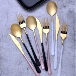 3pcs Lot Gold Portable Cutlery Stainless Steel Table S Poon Fork Set Korean Food Travel Camping Dinnerware Tableware Sets - 3