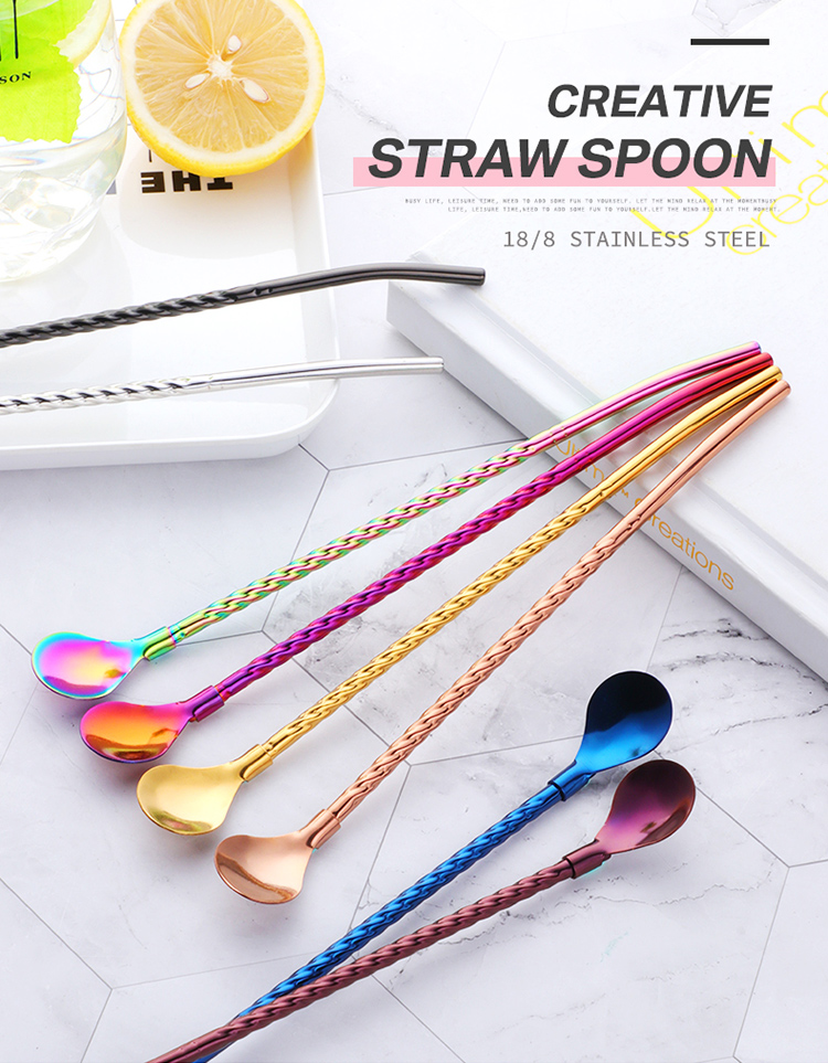2pcs Reusable Gold Stainless Steel Straws Long Twisted Spoon Portable Tea Scoop Black Dinnerware Set For Bar Party - 1
