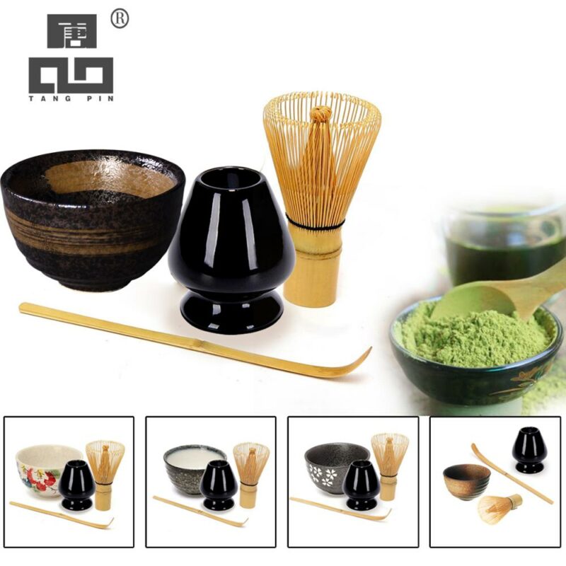 Tangpin 4pcs Set Traditional Matcha Giftset Bamboo Whisk Scoop Ceremic Bowl Holder Japanese Tea Sets
